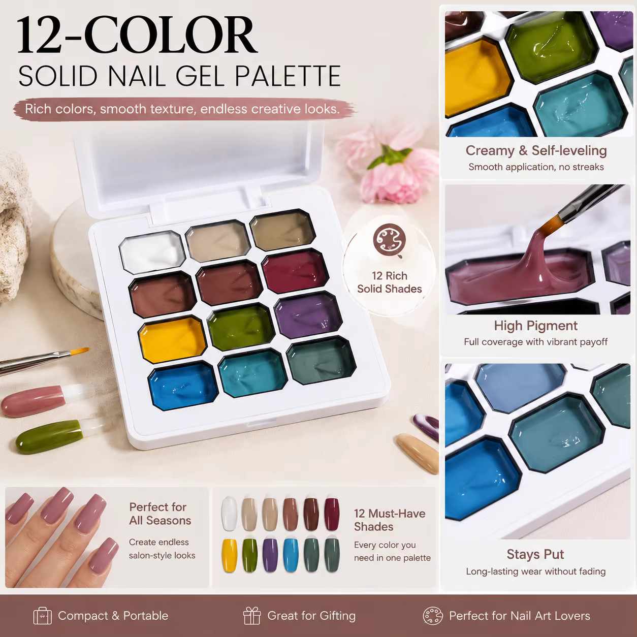 Palette de crème gel pour nail art en 12 couleurs | Peinture gel UV hautement pigmentée pour la décoration des ongles |