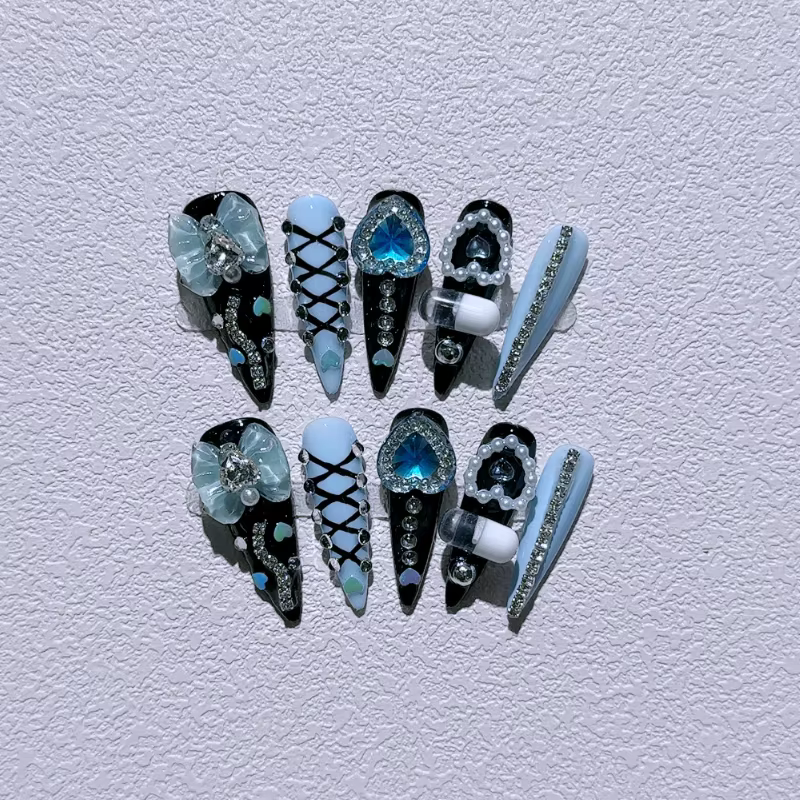 Long Stiletto souhaits on Fake N64.Blue Coussins Diamond Bow Decoration
