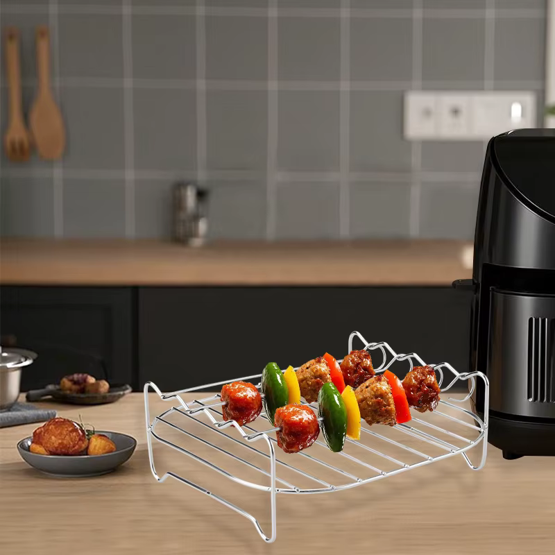 Support de gril pour friteuse à air équipé de quatre brochettes, grille de cuisson en acier au carbone pour four de barbecue en plein air, accessoires de cuisine
