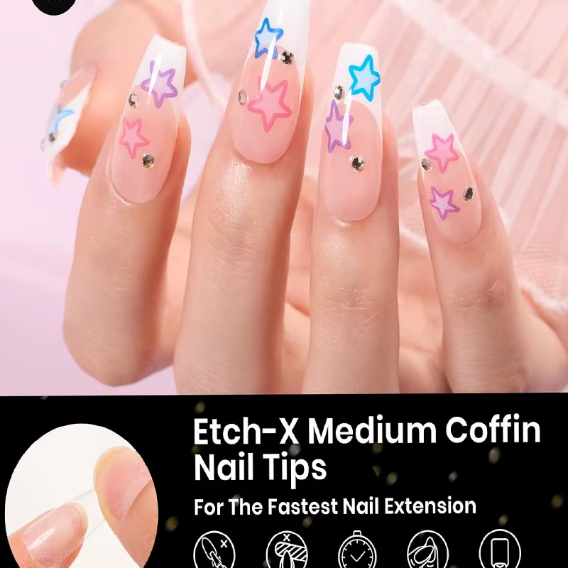 120 faux ongles semi-translucides transparents en forme de cercueil