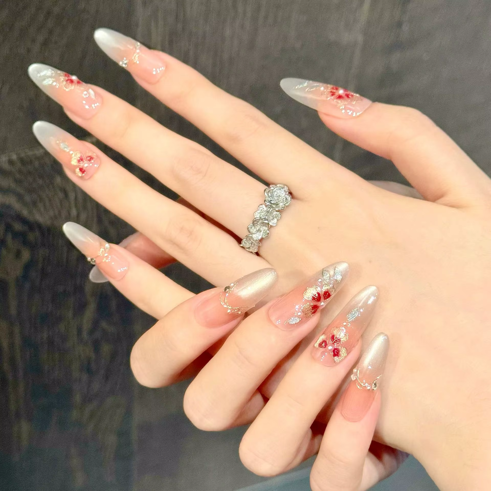 10 pièces Blush amande faux ongles faits à la main peint