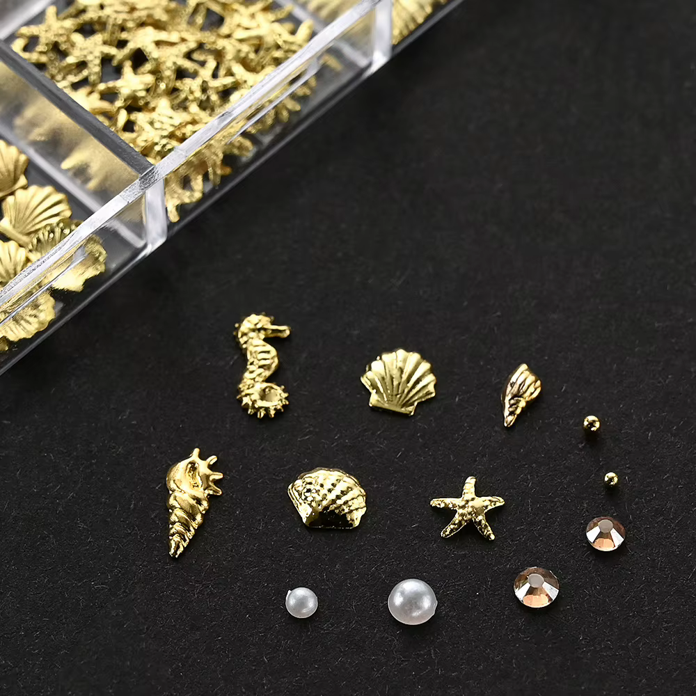 12 grilles océan or Nail Art breloques coquille/hippocampe/étoile de mer blanc demi-rond perle gemmes 3D mixte Punk manucure métal Rivets goujons