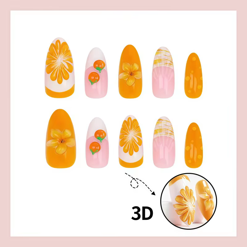 Nouveauté 2026 – 30 faux ongles 3D en forme d'orange