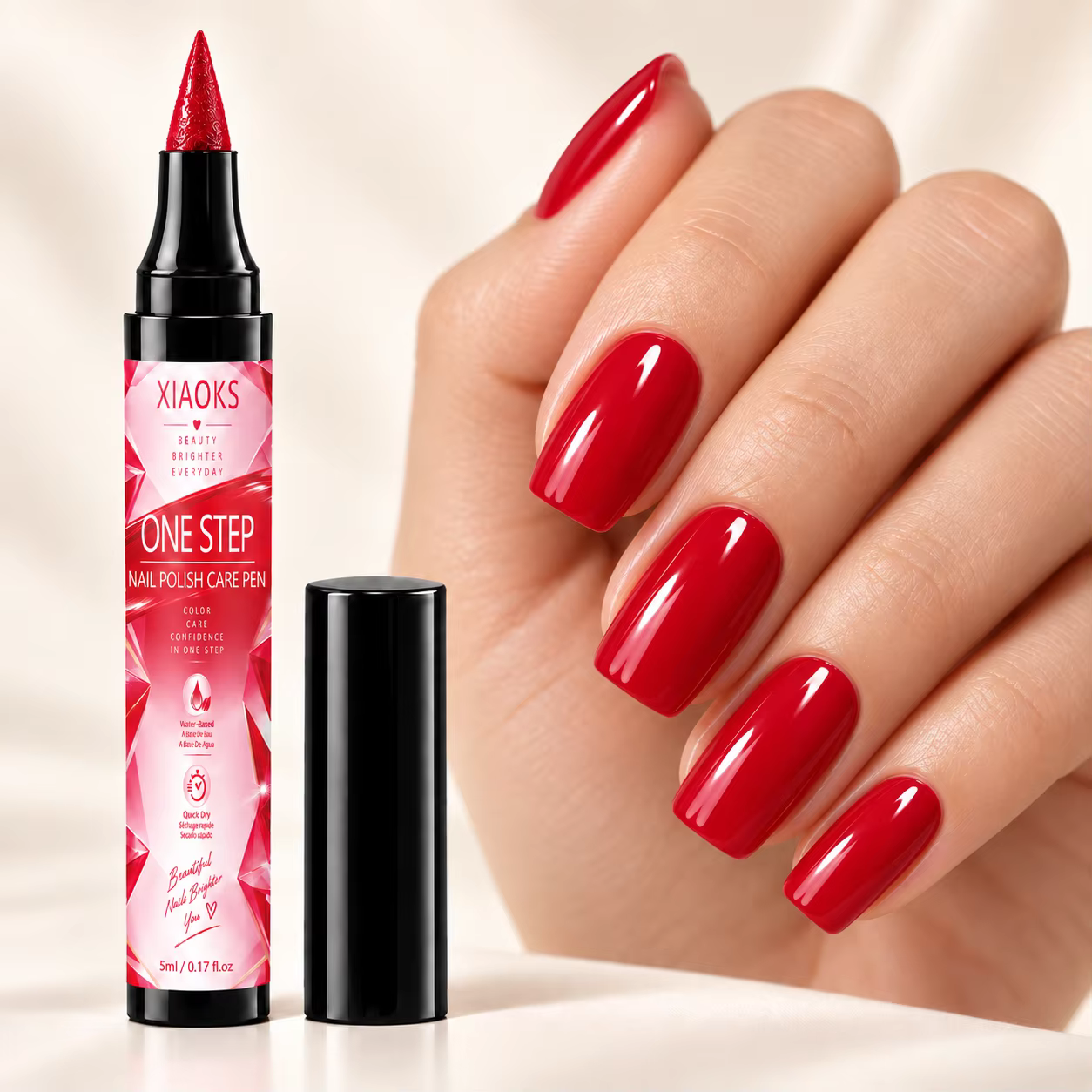 Stylo pour nail art Xiaoks Ruby, pas besoin de cuisson, séchage rapide, formation d'un film protecteur instantanée sans attente, résistance efficace aux rayures et à l'usure, forte pigmentation et app