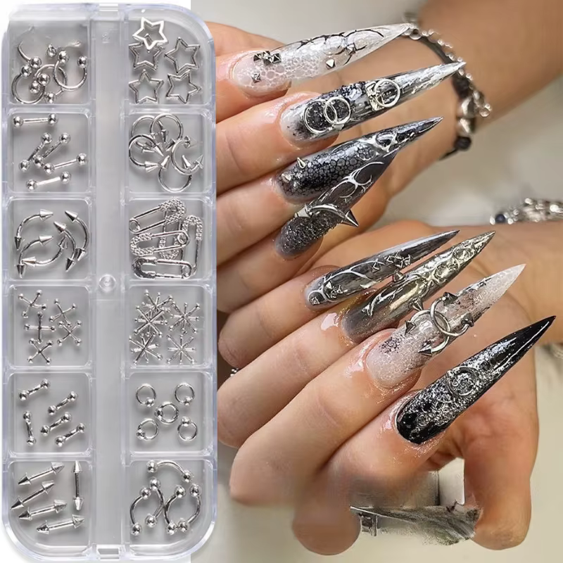 12 grilles Goth Punk ongles breloques goujons Y2K Piercing conceptions métallique argenté