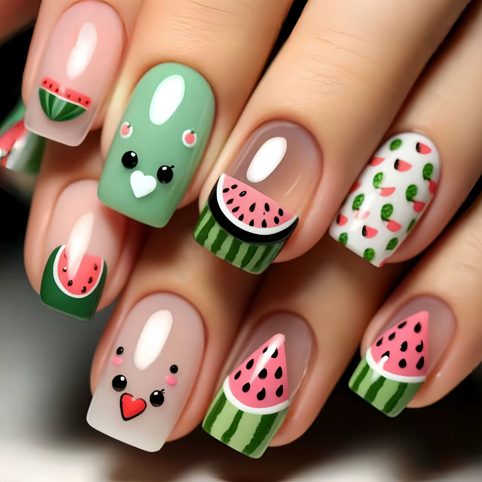 Faux ongles pastèque de dessin animé