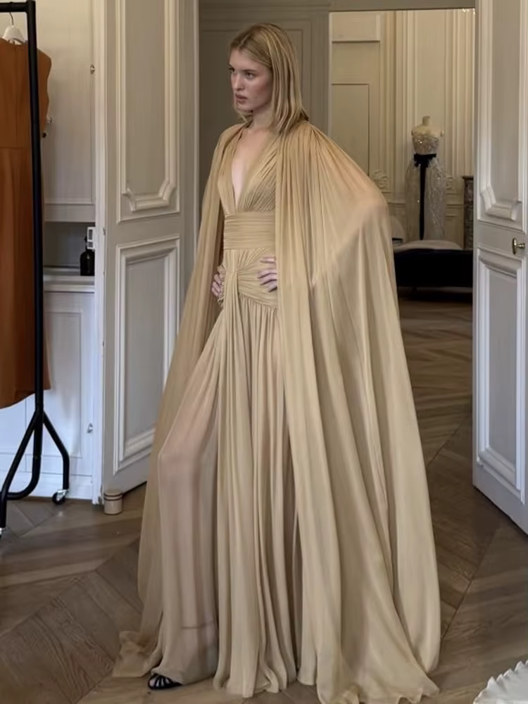 Sisterlinda Élégant Tendance Robe Femmes Plis Maille Cape Voir À Travers Ourlet v-Cou Gland De Mariage Fête D'été Chic Mode Vestidos