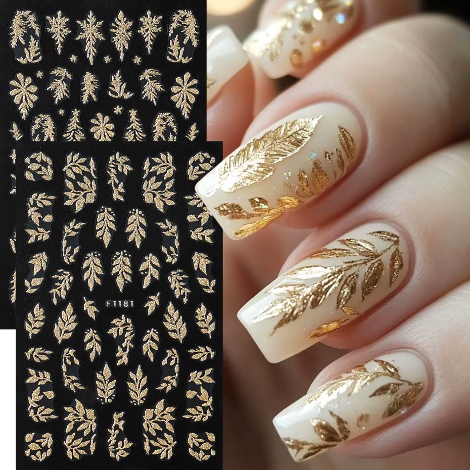 Autocollants pour ongles en feuilles dorées à paillettes