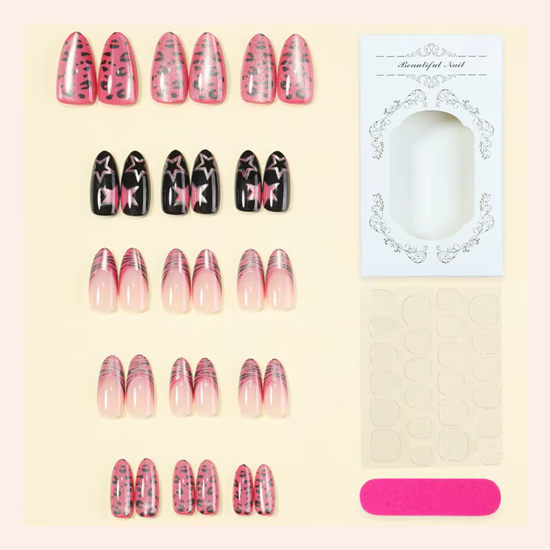 24 faux ongles roses brillants à presser