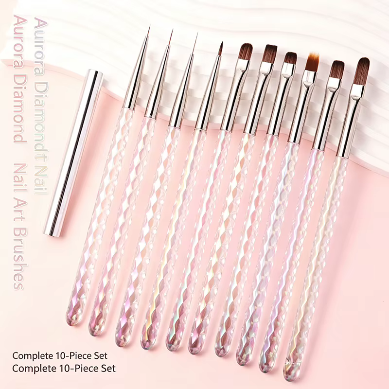 Lot de 10 pinceaux à ongles en acrylique transparent Aurora Rhombus