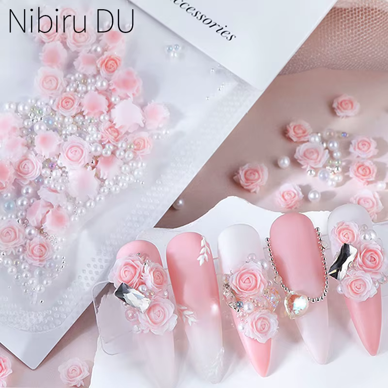 30 pièces Rose Rose fleur 3D ongles strass décoration ongles bijoux coloré mixte perle perles breloques saint valentin Nail Arts approvisionnement