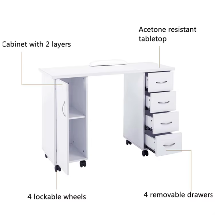Table de manucure blanche, en bois, hauteur 75 cm/29,5 pouces, table à ongles portable, avec support pour les mains, bureau de manucure pour salon de beauté