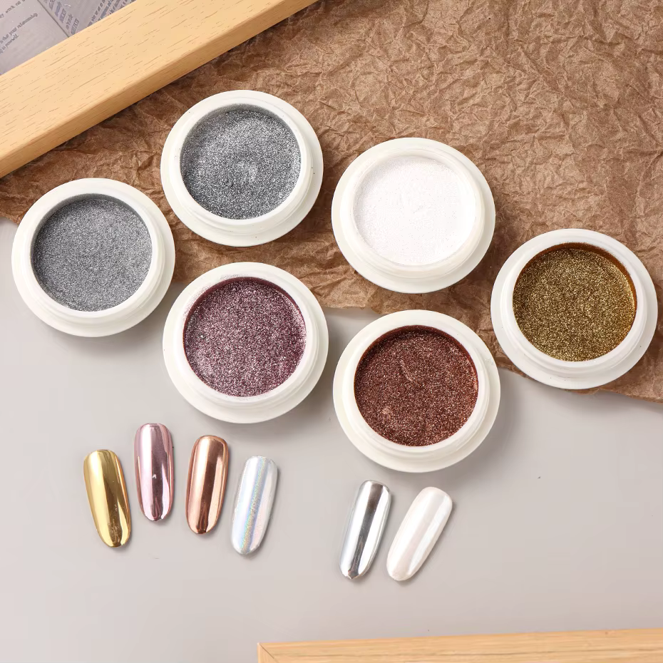 6 pièces de poudre à ongles chromée effet miroir blanc