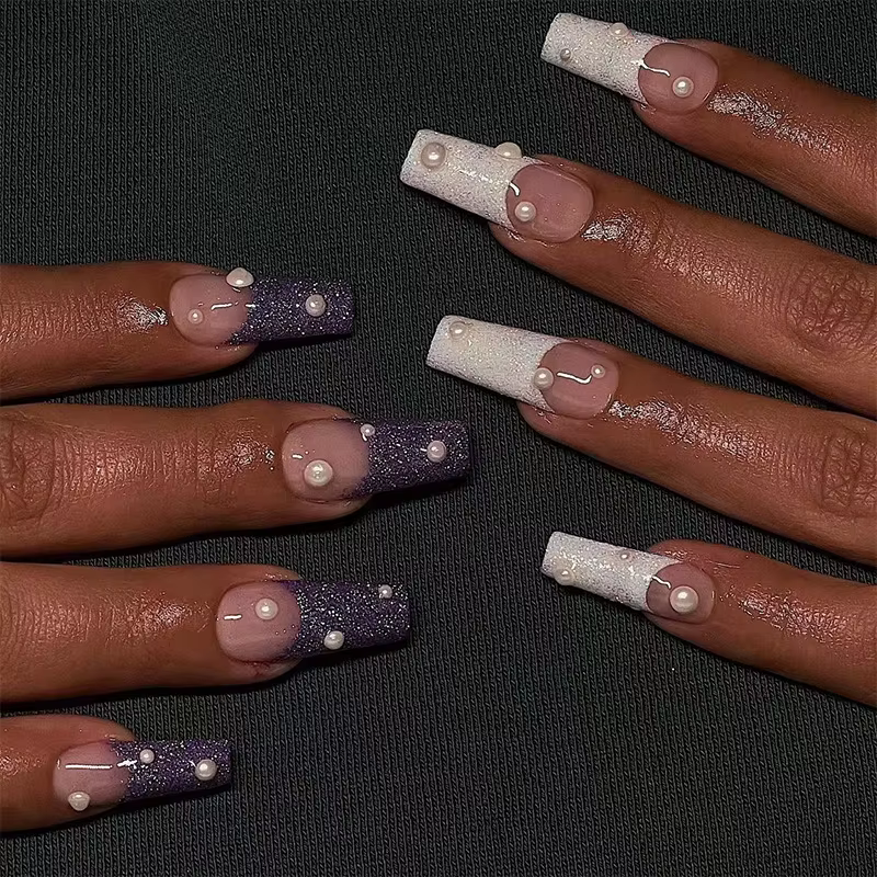 24 pièces longs Ballet français filles Nail Art blanc faux ongles manucure presse