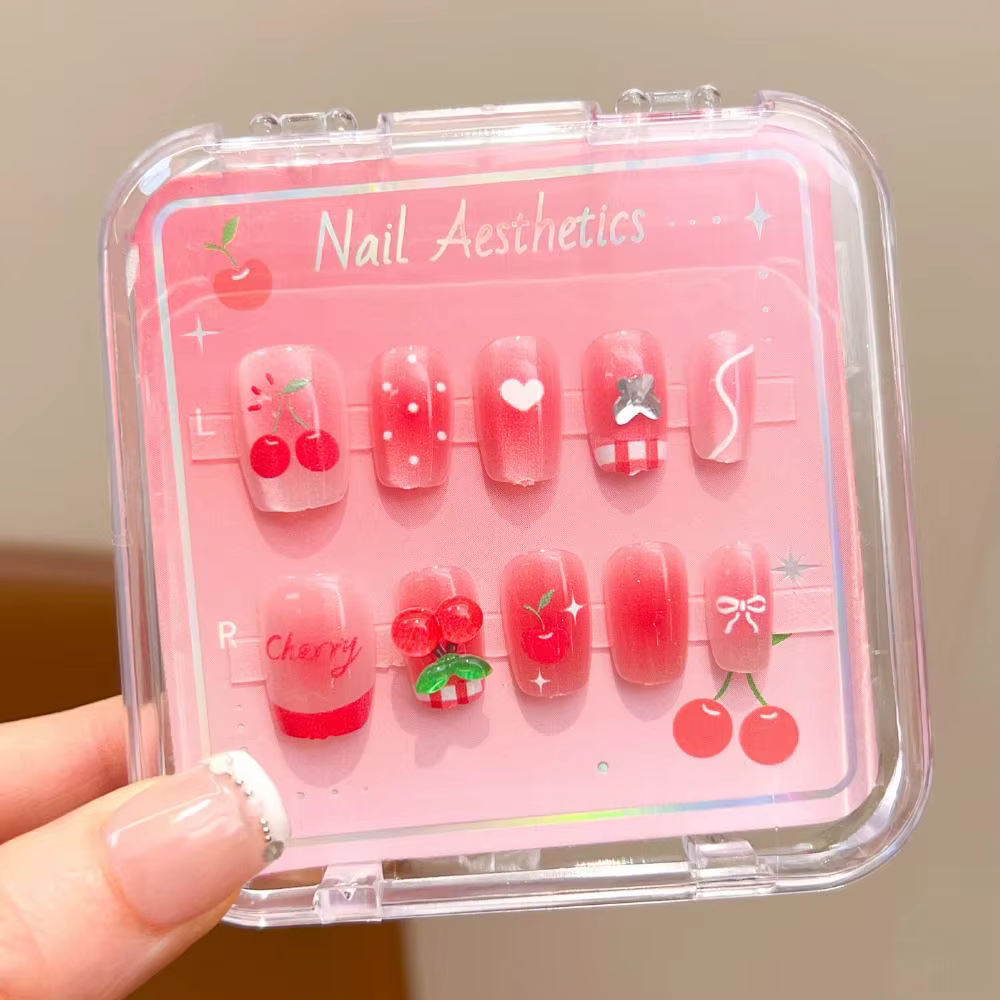 Nouveaux autocollants pour ongles courts en forme de cerise et de nœud