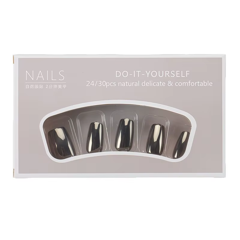24 faux ongles métalliques argentés et noirs