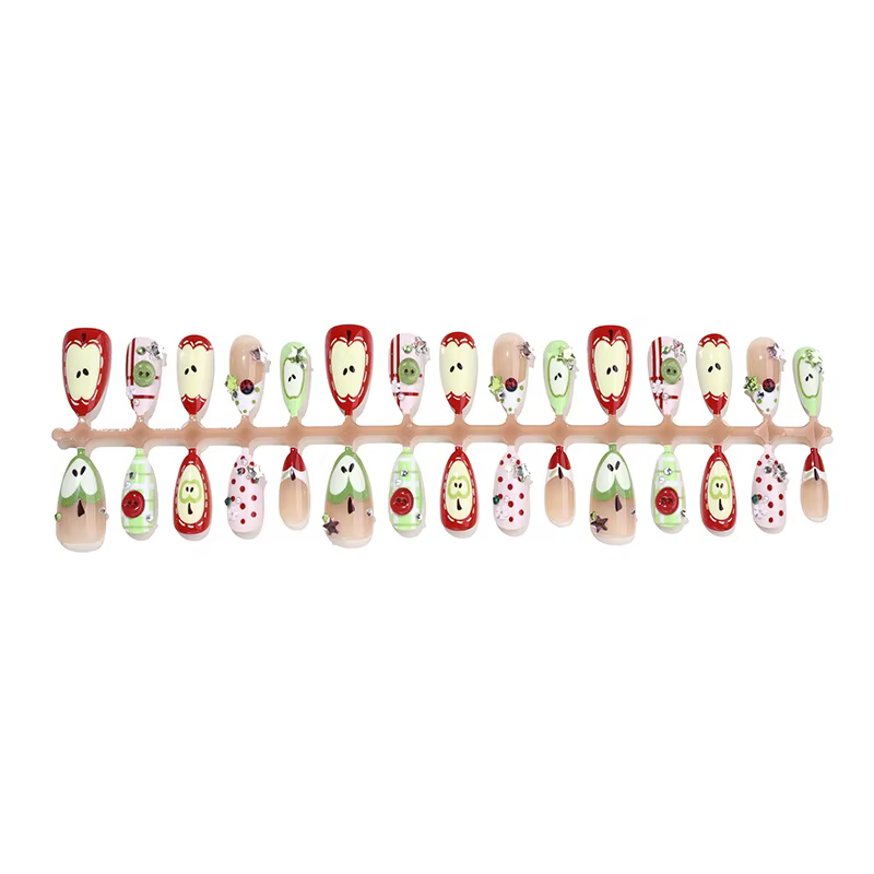24 faux ongles mignons motif pomme rouge dessin animé
