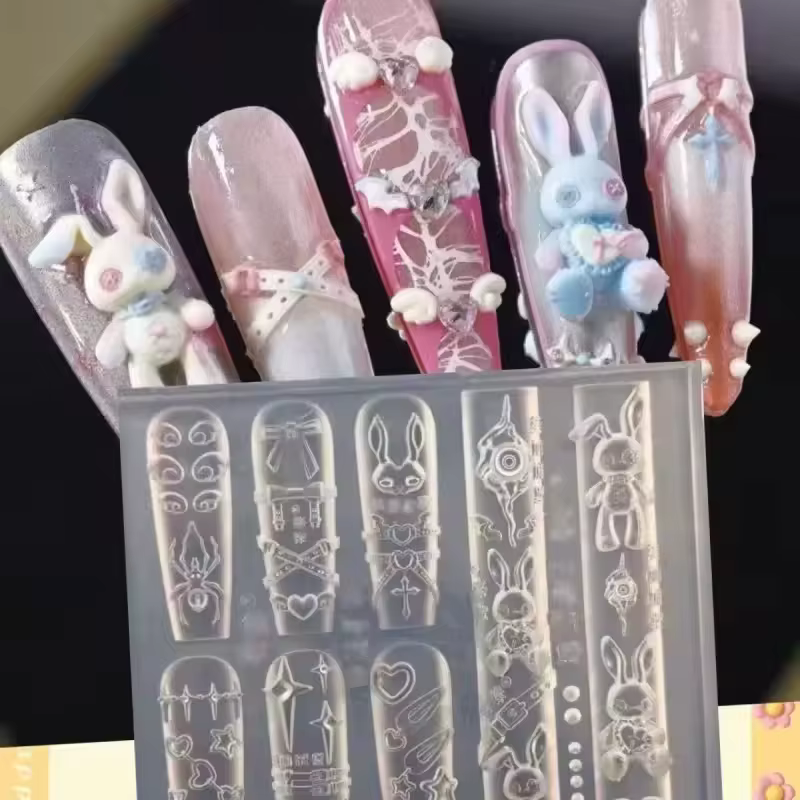 Modèles d'art d'ongle moule d'ongles Punk lapin ours dentelle arc 3D Silicone acrylique Relief bricolage décorations