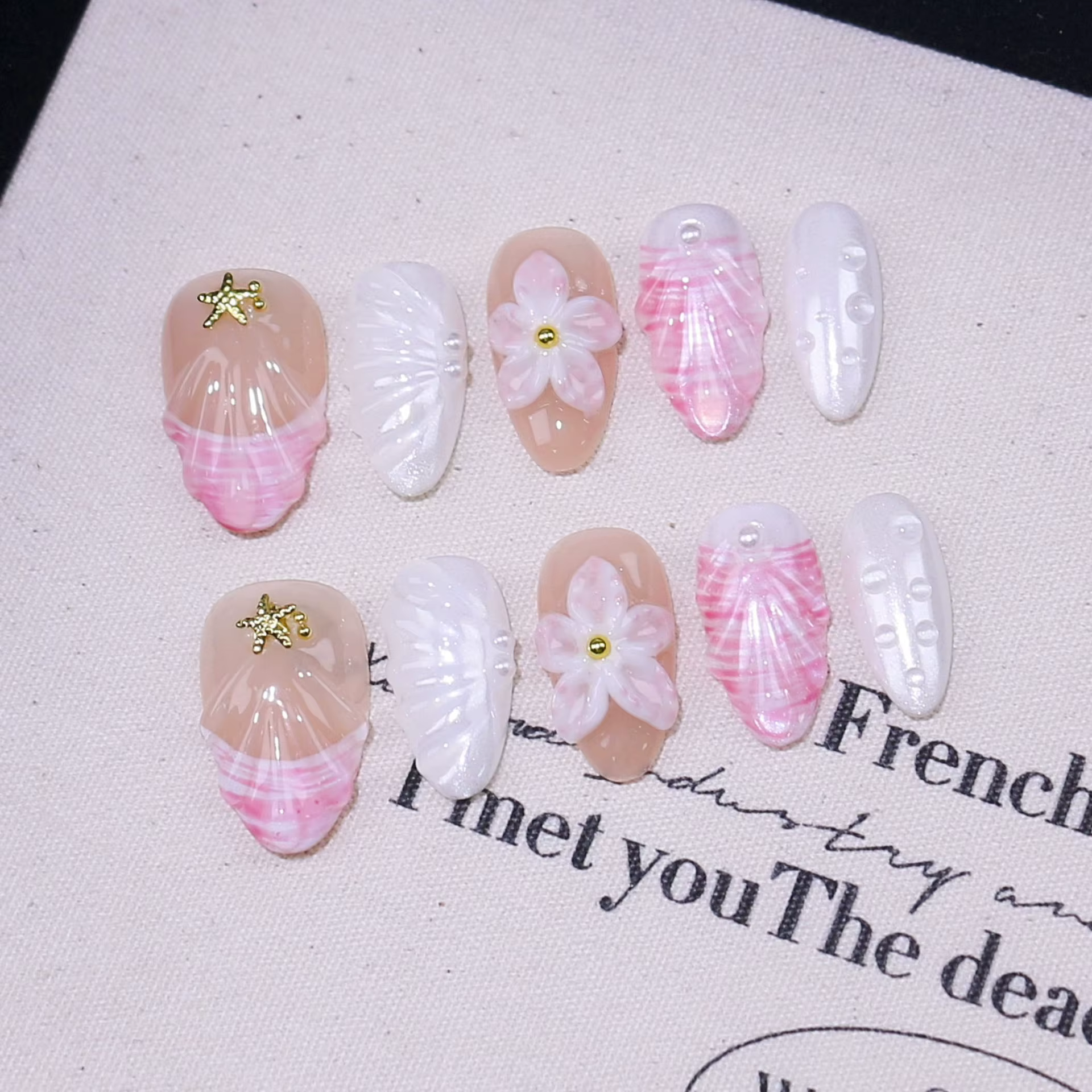 10 pièces étoile de mer ondulations d'eau conception presse sur faux ongles court ovale portant manucure 3D fleurs