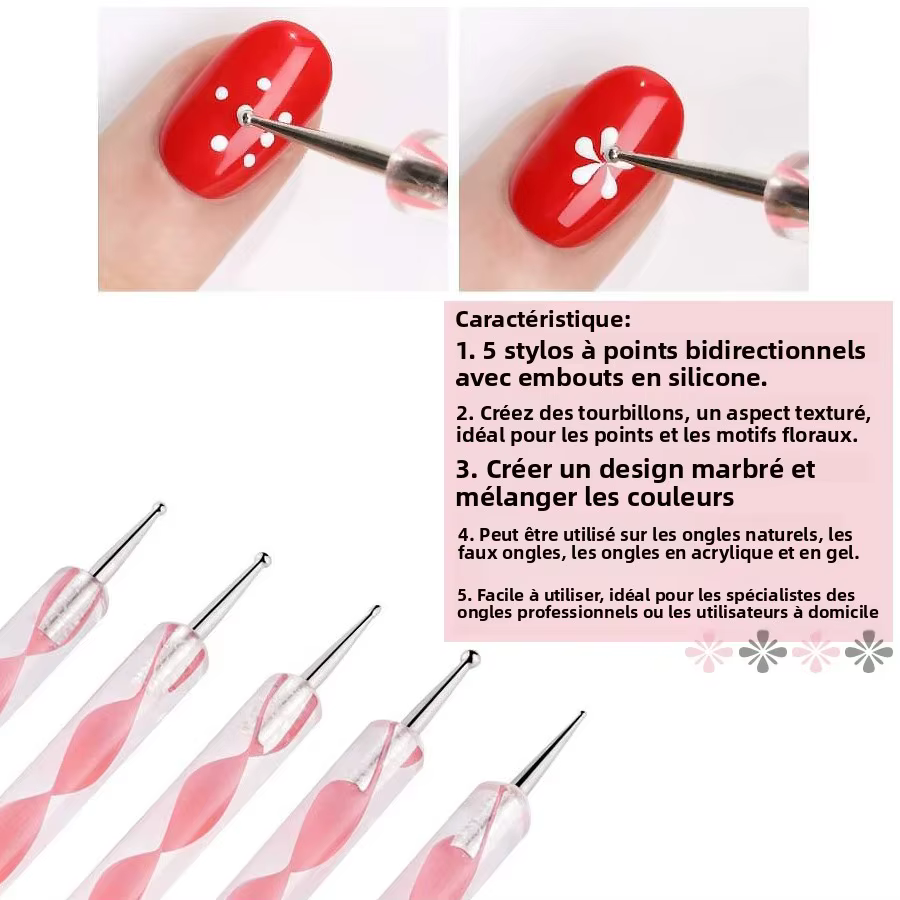 5 pièces 2 voies Nail Art acrylique Silicone pointe fleur stylo à ongles en acier inoxydable outils de pointage marbré