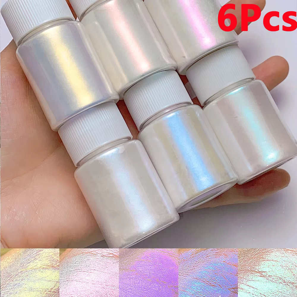 6 pièces/ensemble Aurora sirène Nail Art poudre haute brillance polarisé blanc perle Chrome Pigment caméléon manucure