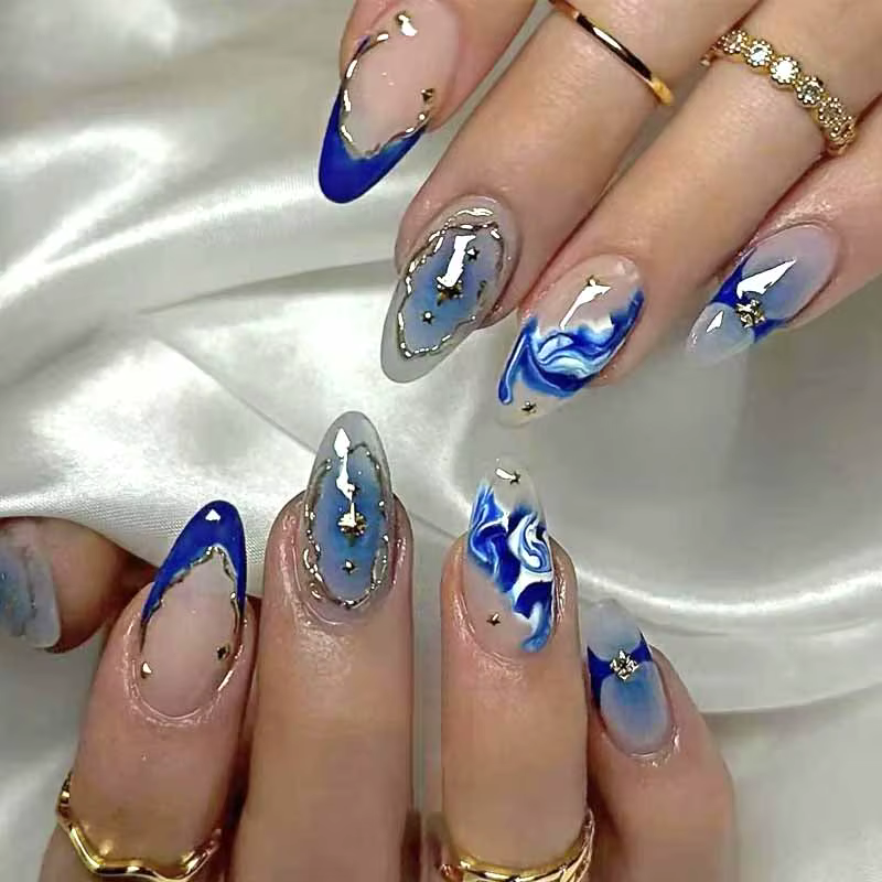 10 pièces bleu océan royaume Secret Style français amande forme doré faux ongles presse