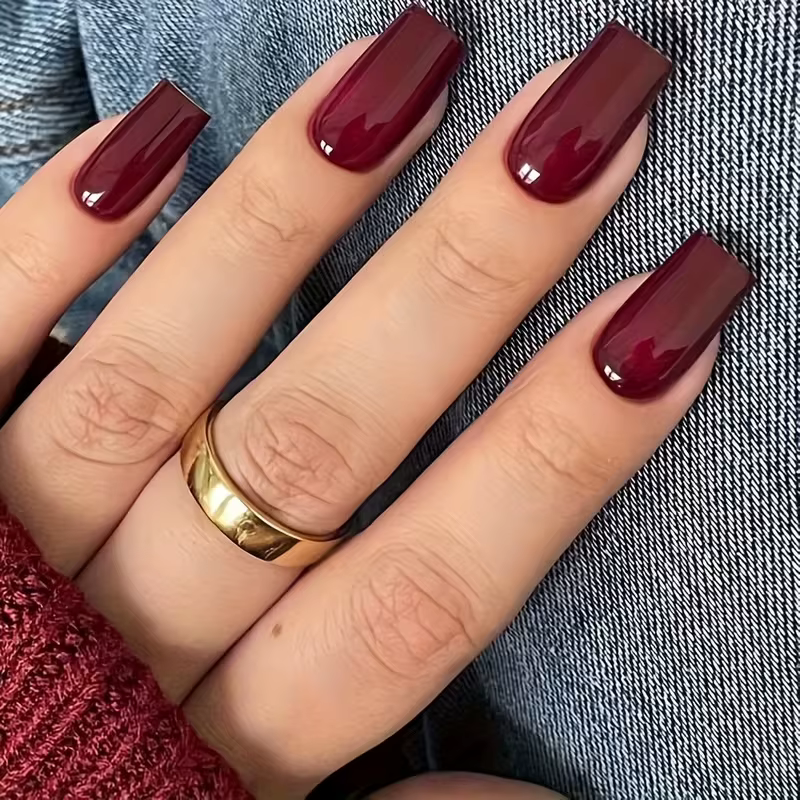 96 pièces rouge presse sur ongles moyen carré bordeaux cerise couleur unie faux
