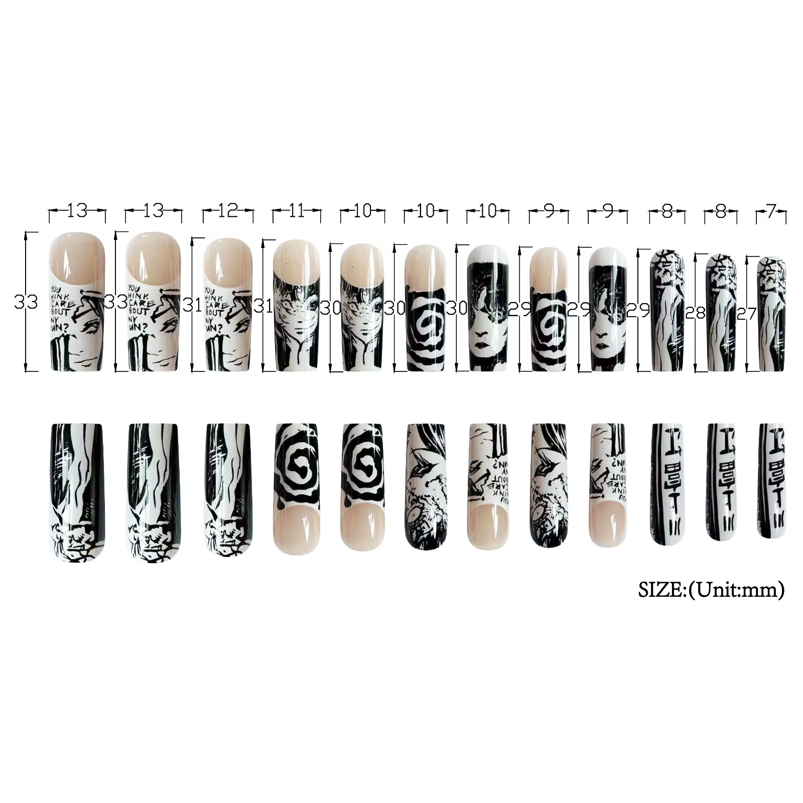 24 pièces/ensemble amande pointue Kawakami Tomie presse sur ongles portable artificiel avancé bande dessinée japonaise