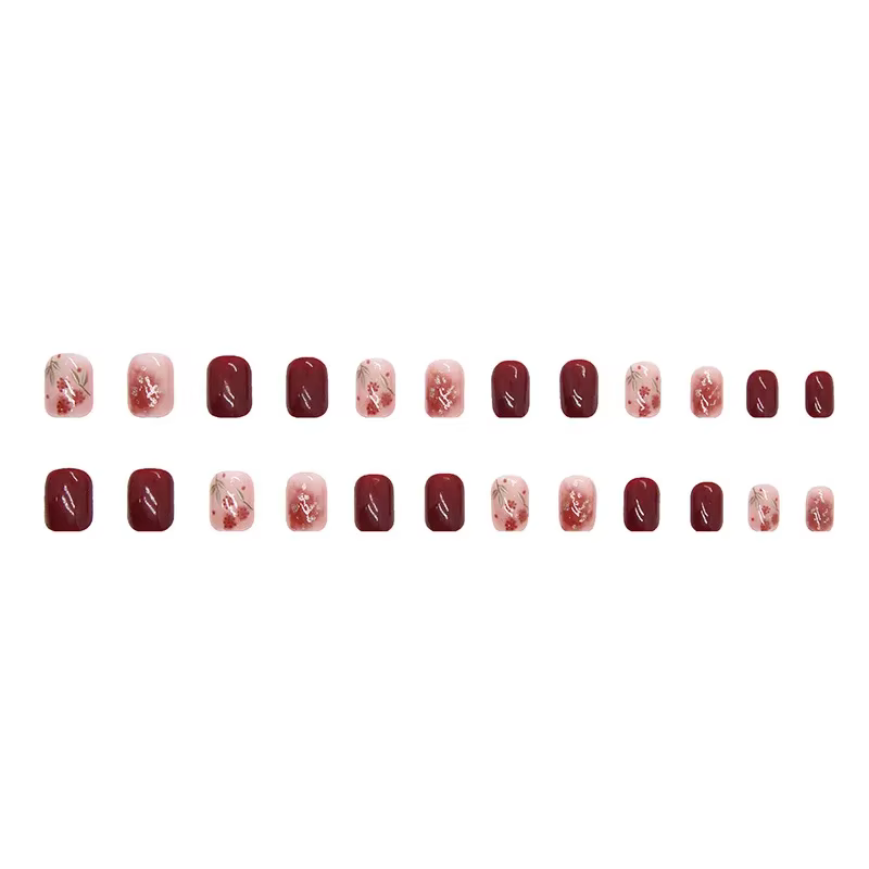 24 pièces faux ongles avec Design faux ongles carrés courts avec breloques de colle auto-ongle Rose rouge décoré ongles acryliques presse sur 2025