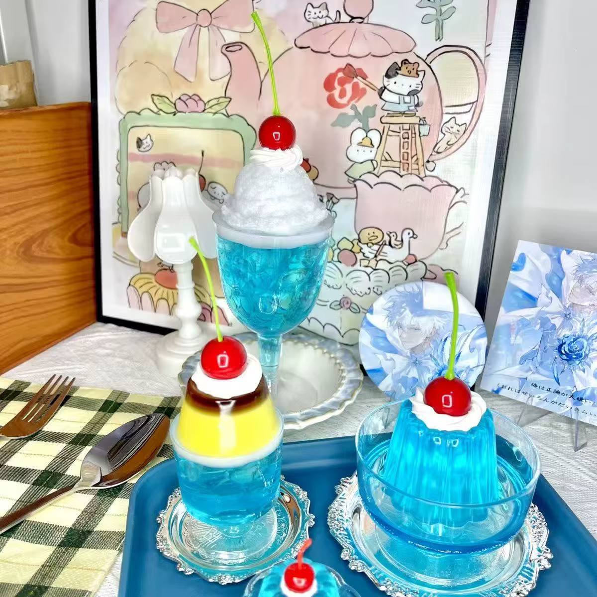 Accessoires photo de pudding simulé, Gumei Blue Bubble Fruit Jelly Pudding, dessert pour fille, décoration de chambre mignonne, ornement, accessoires de décoration, cadeau