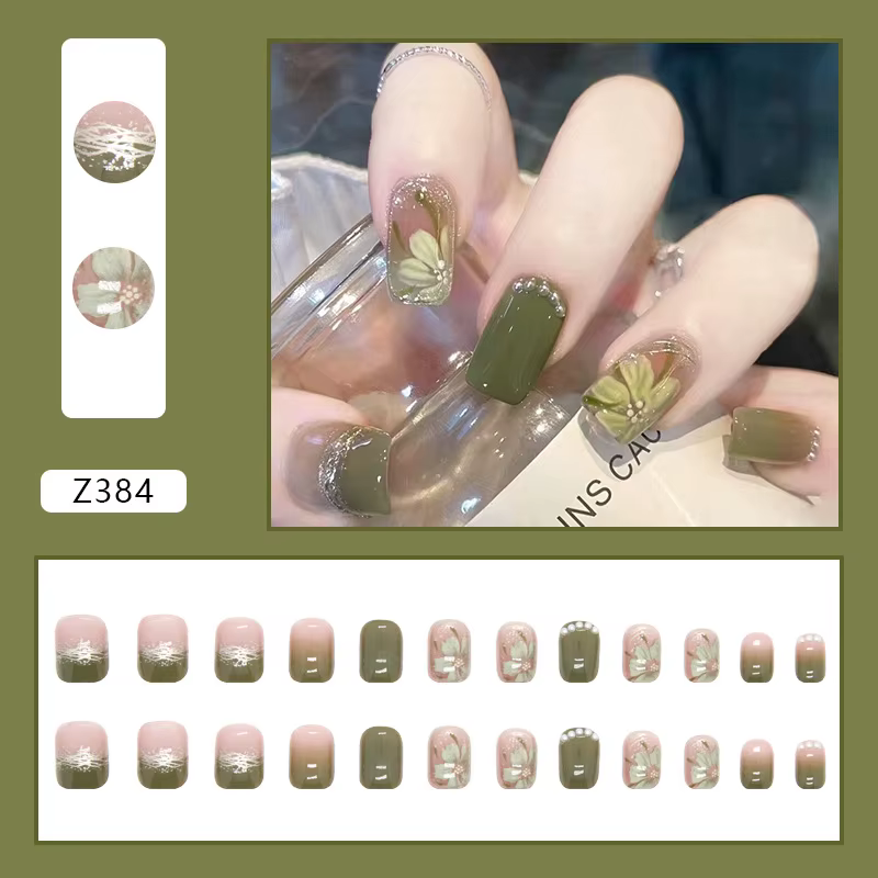 24 pièces/ensemble presse sur faux ongles vert portant