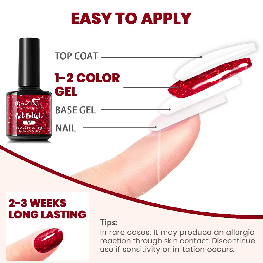 Vernis à ongles Semi-permanent de couleur rouge à paillettes