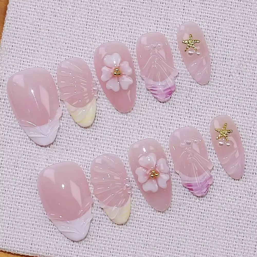 10 pièces étoile de mer ondulations d'eau conception presse sur faux ongles court ovale portant manucure 3D fleurs