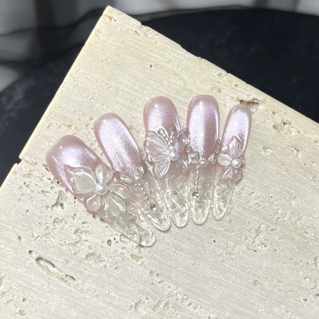 Faux ongles à presser faits main motif fleur de Bauhinia 3D printemps