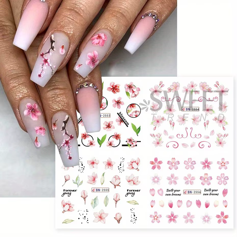 12 pièces rose fleur de cerisier eau curseurs d'ongles hiver nouvel an Sakura feuilles florales autocollants bricolage charme accessoires manucure décor