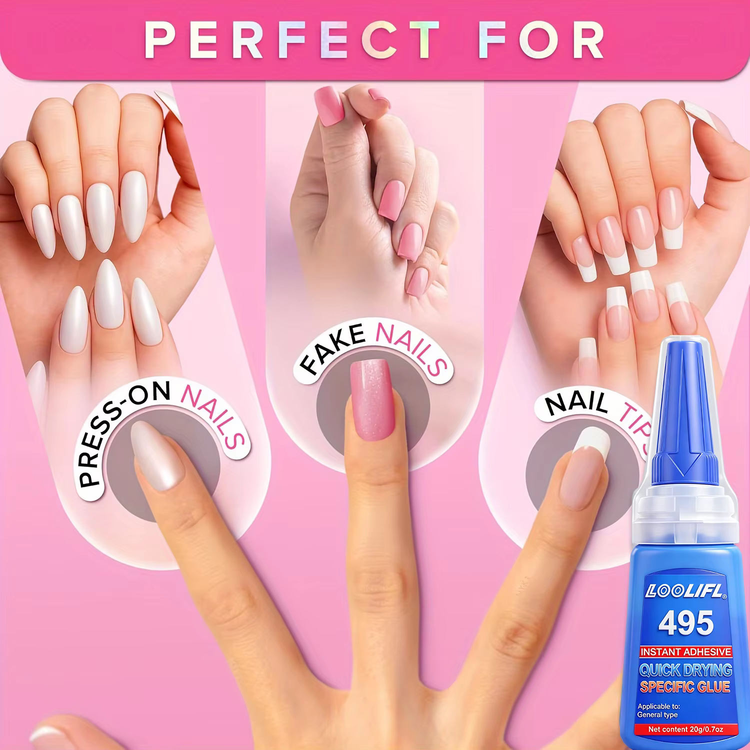 LOOLIFL – colle à ongles super résistante pour faux ongles, pointes d'ongles souples, séchage rapide, adaptée aux débutants en nail art, adhésif longue durée
