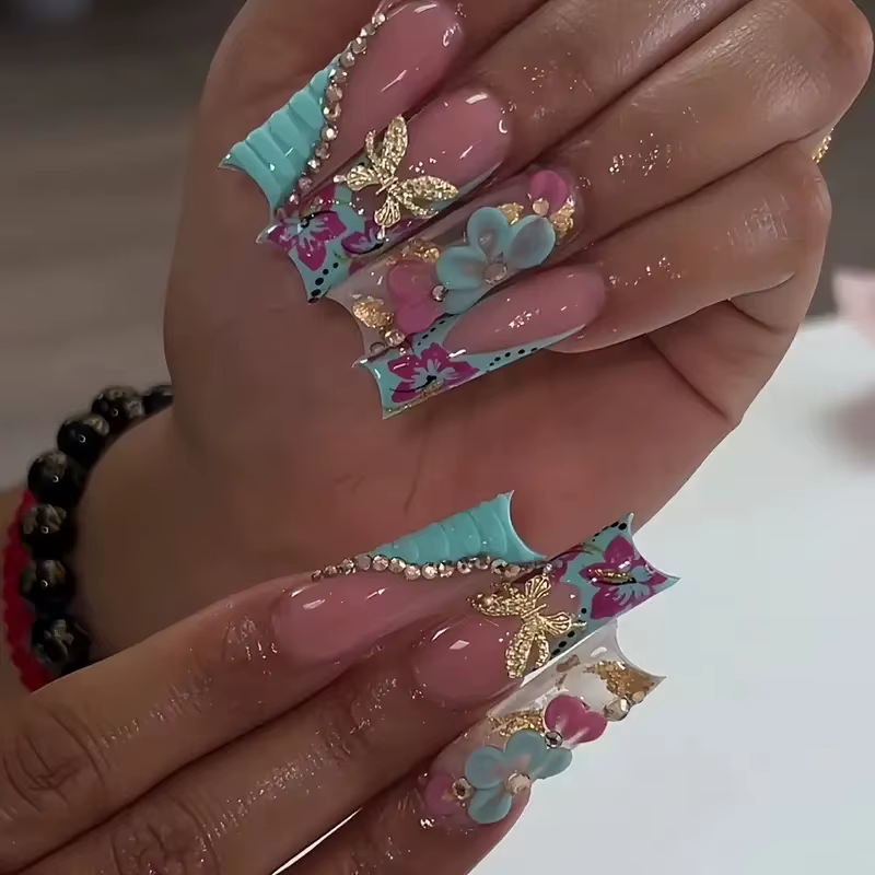 Faux ongles français imprimé léopard rose