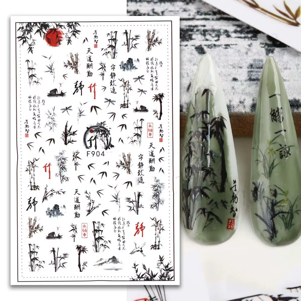 Calligraphie poésie ancienne Styles chinois feuilles de bambou décalcomanies pour ongles autocollants pour Nail Art