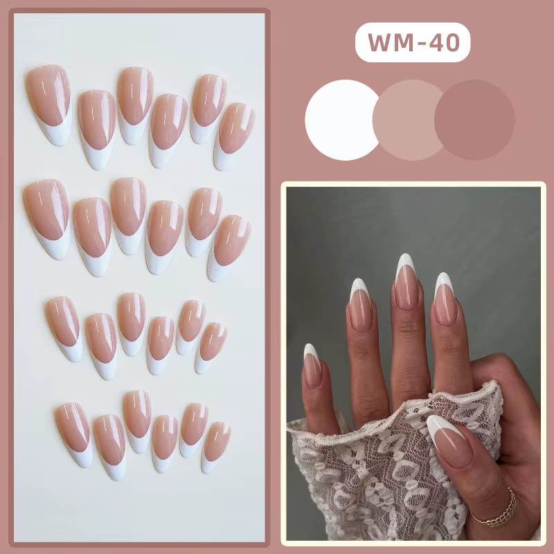 10 pièces ongles faits à la main minimaliste amande française avec bordures blanches adaptés à tous les tons de peau