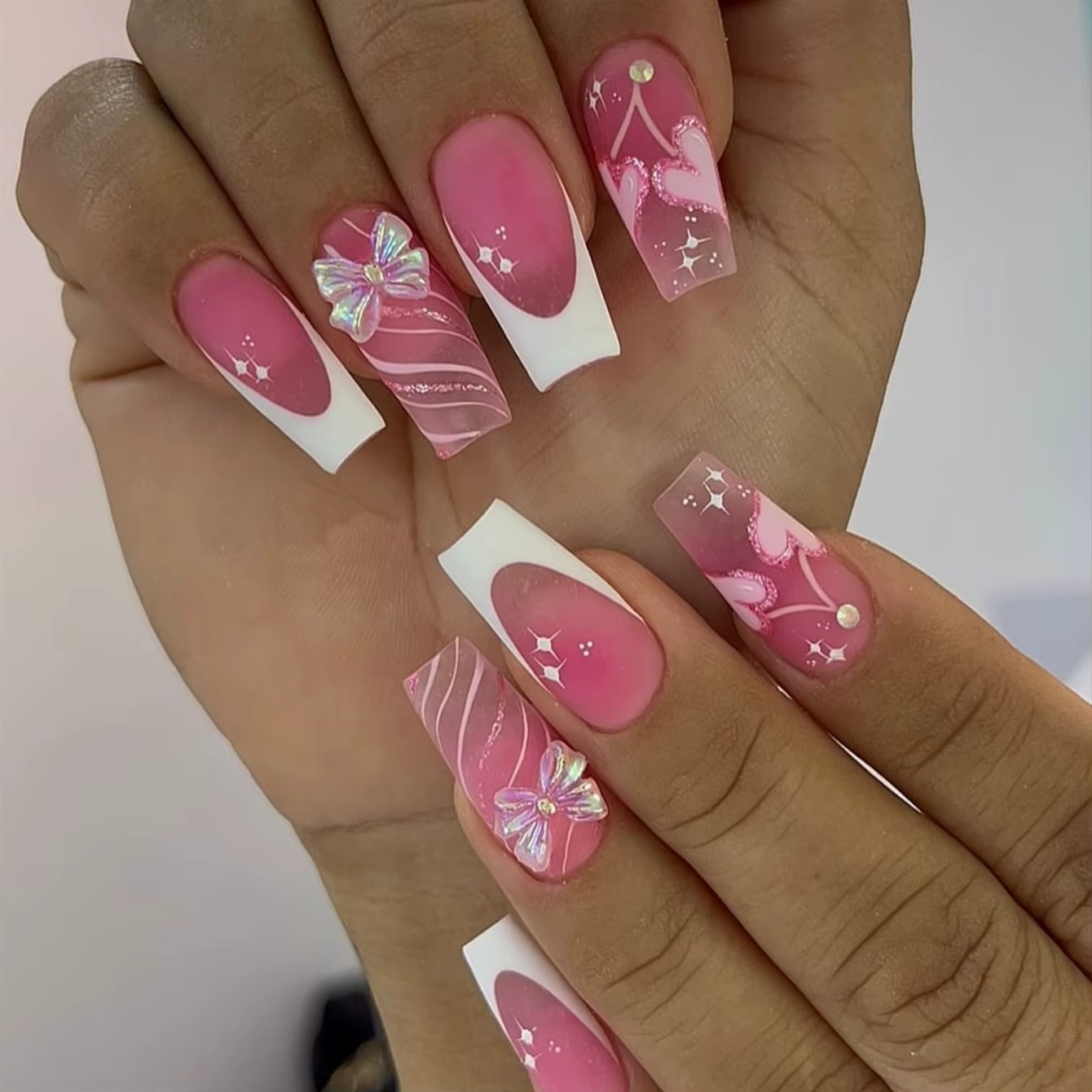 10 pièces longues Ballet mat français blanc bordure rose ongles acrylique