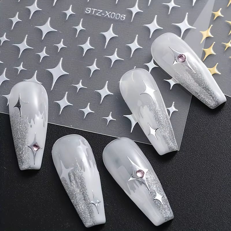 1/4 pièces 3D métal argent doré Starburst ongles autocollants manucure français Nail Art décoration décalcomanie Y2K