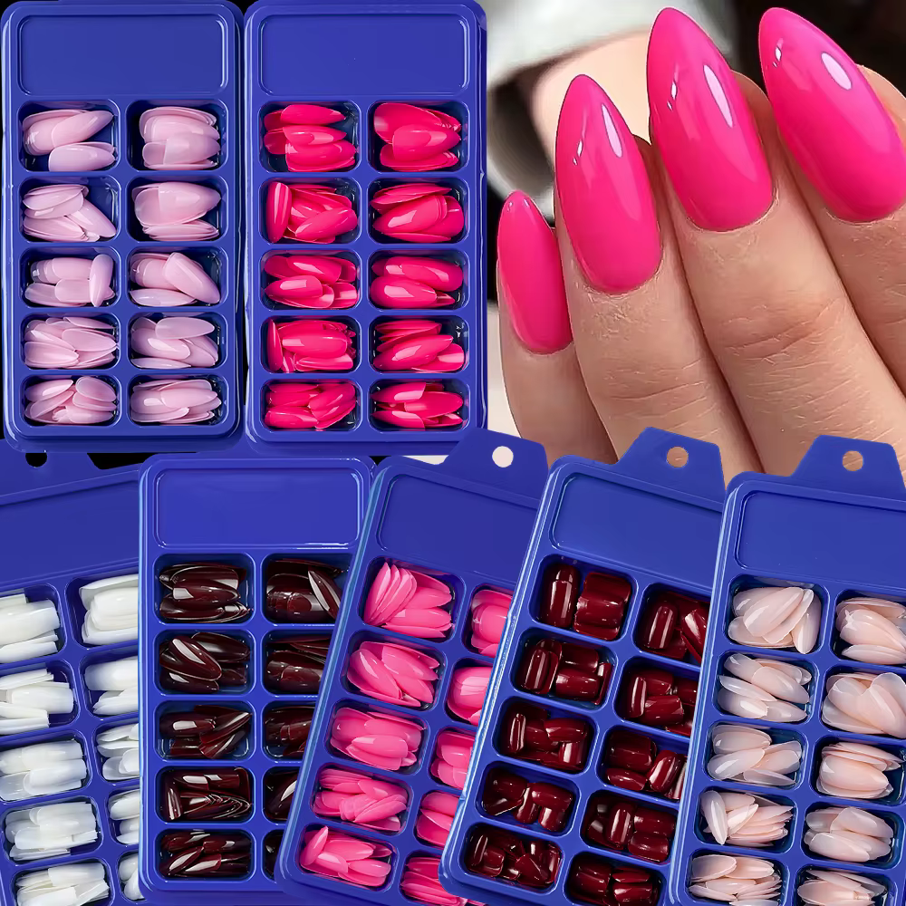 120 pièces/boîte brillant rose faux ongles moyen amande Simple couleur unie presse