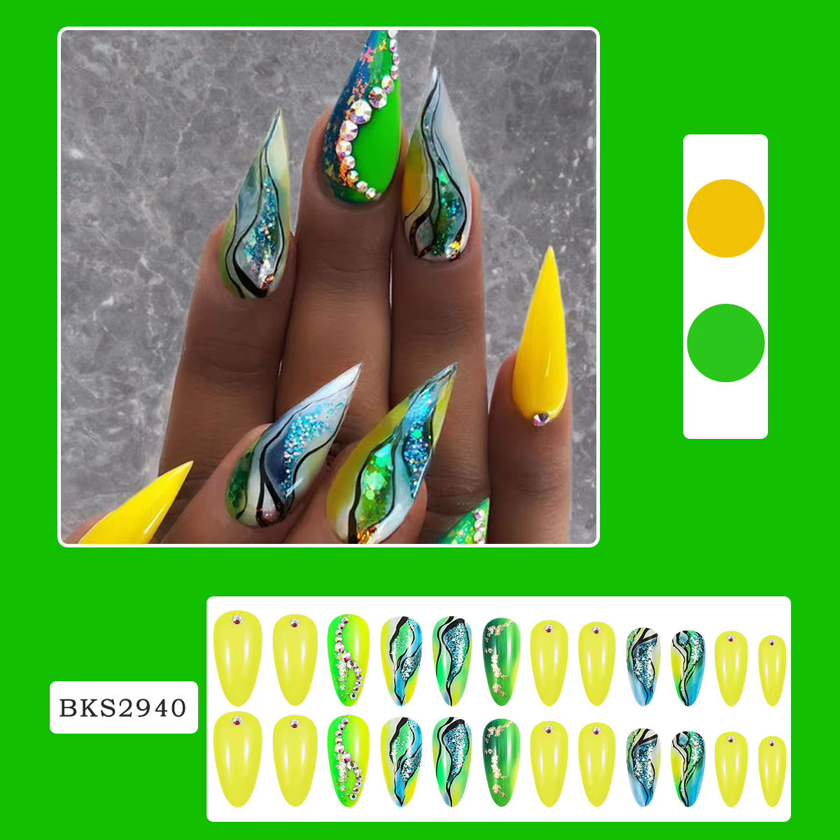 N64 Long Stiletto False N64 Almond Sharped Glossy Glue Bling Glitter Stick on bal inestone souhaits on N64
