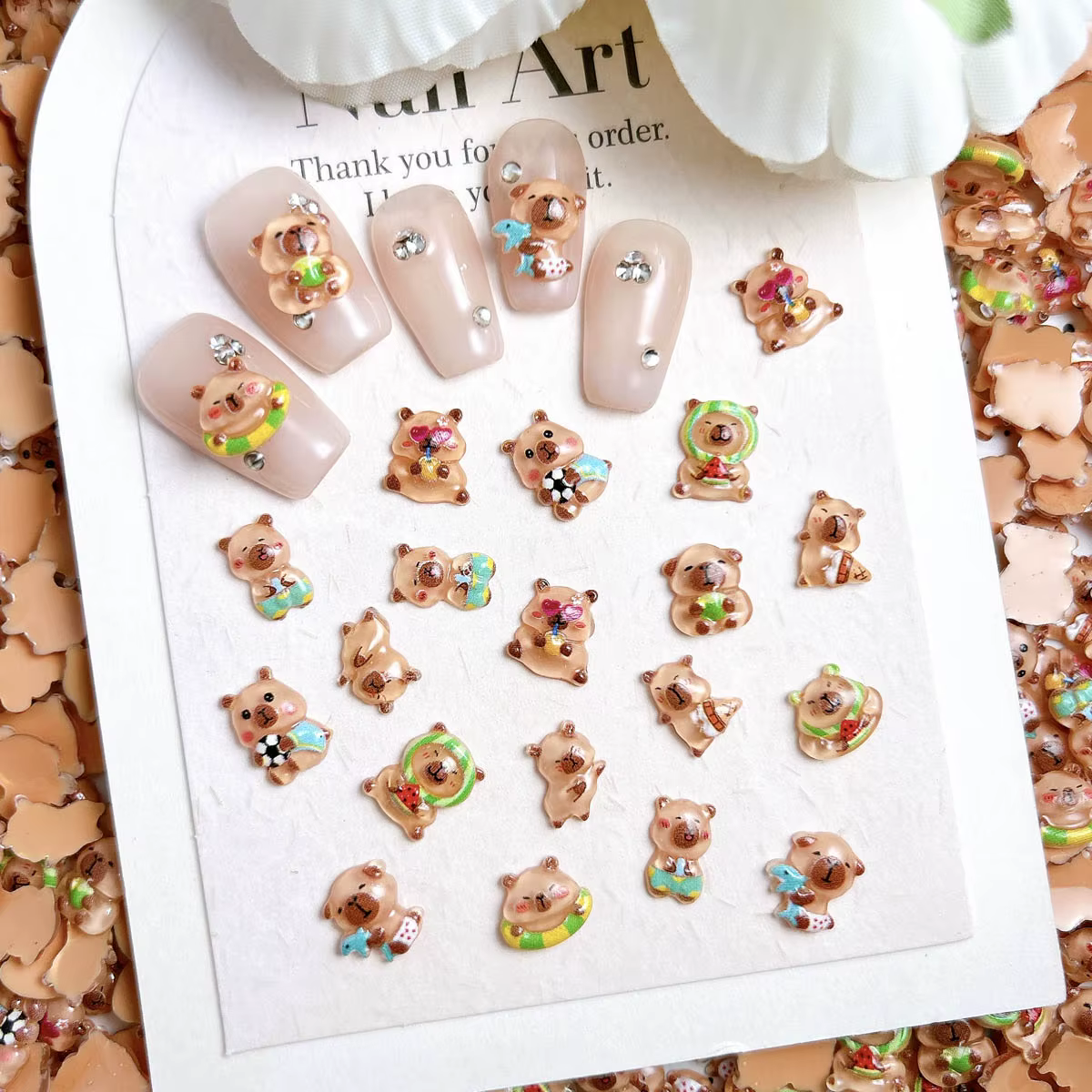 30 pièces roman réaliste marron Capybara résine ongles breloques 3D dessin animé mignon noix de coco dauphin cochon