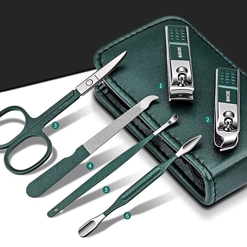 (Été4) 6 Pièces – Kits de Manucure et Pédicure Portables de Luxe – Ensemble de Coupe-Ongles Noir Brillant – Outils de Soins Personnels – Ciseaux à Sourcils