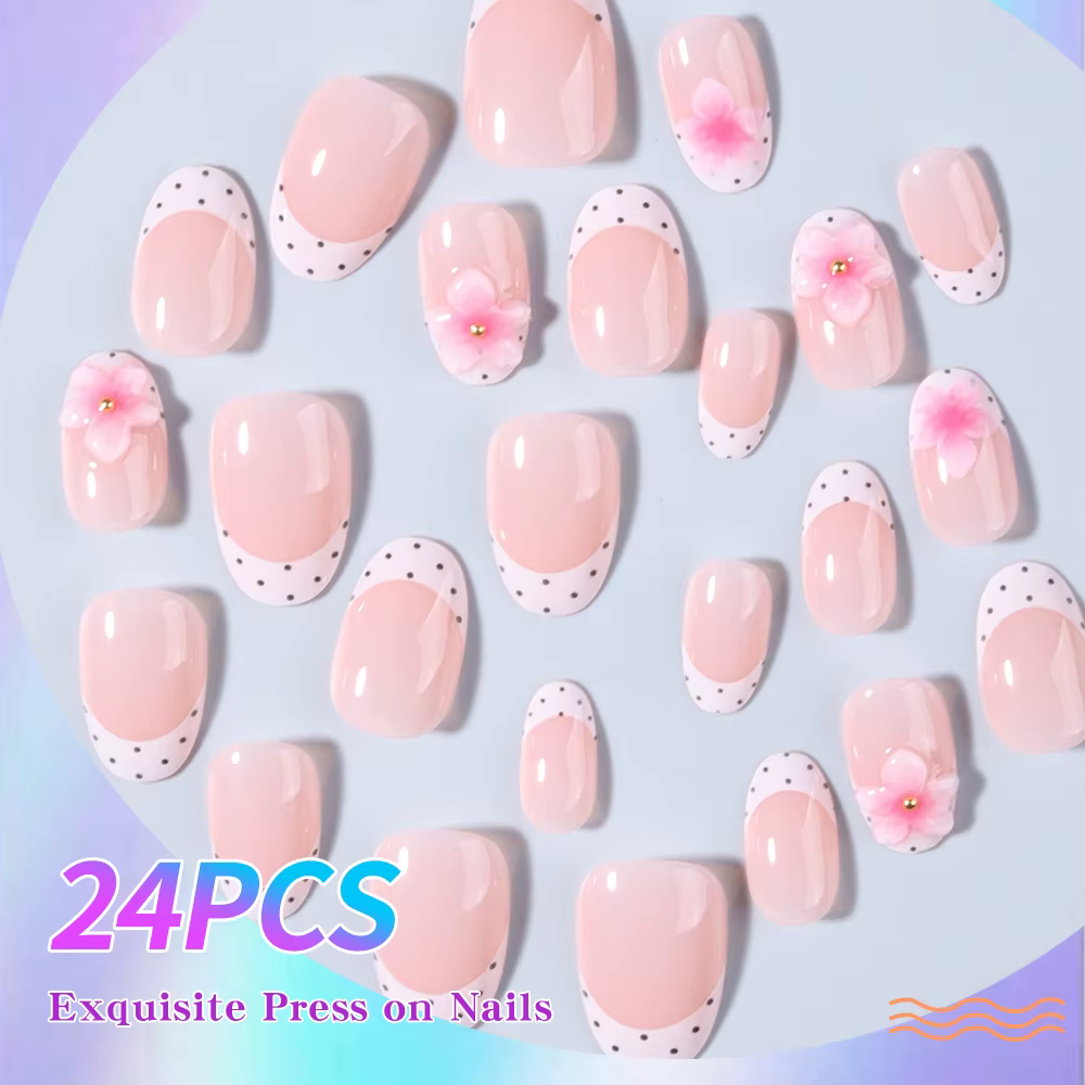 24 faux ongles courts ovales en gel 3D