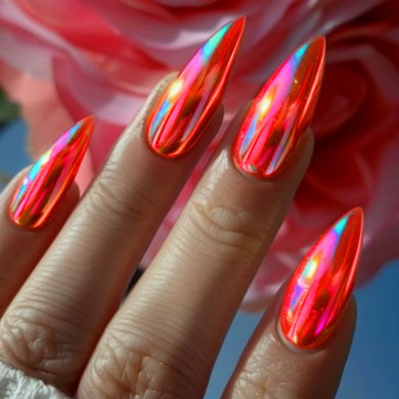 24 faux ongles autocollants effet œil de chat rouge brillant