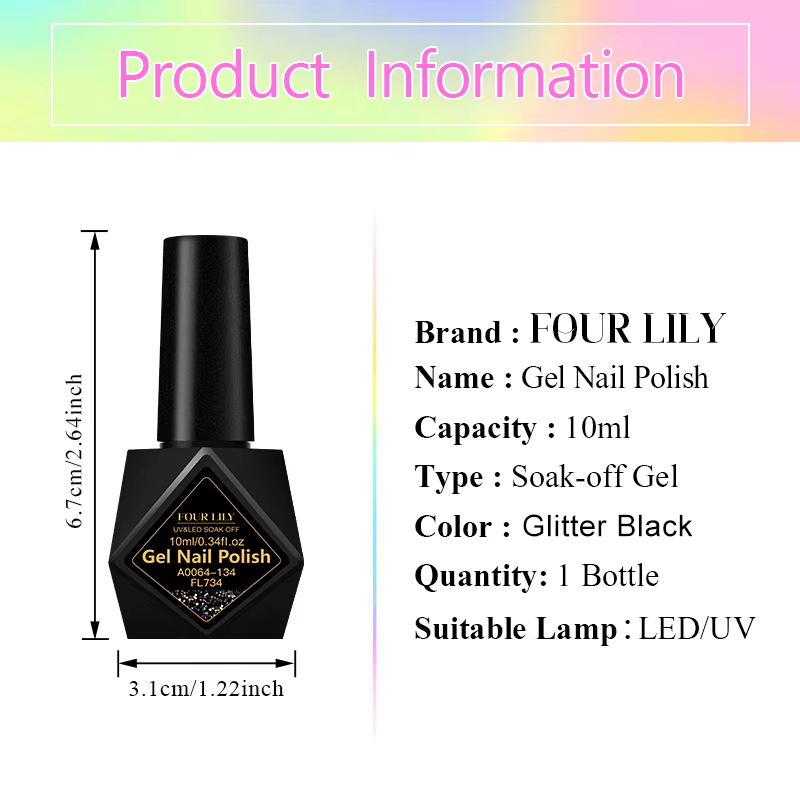 Vernis à ongles gel noir pailleté 10 ml - Gel semi-permanent UV/LED pour manucure DIY