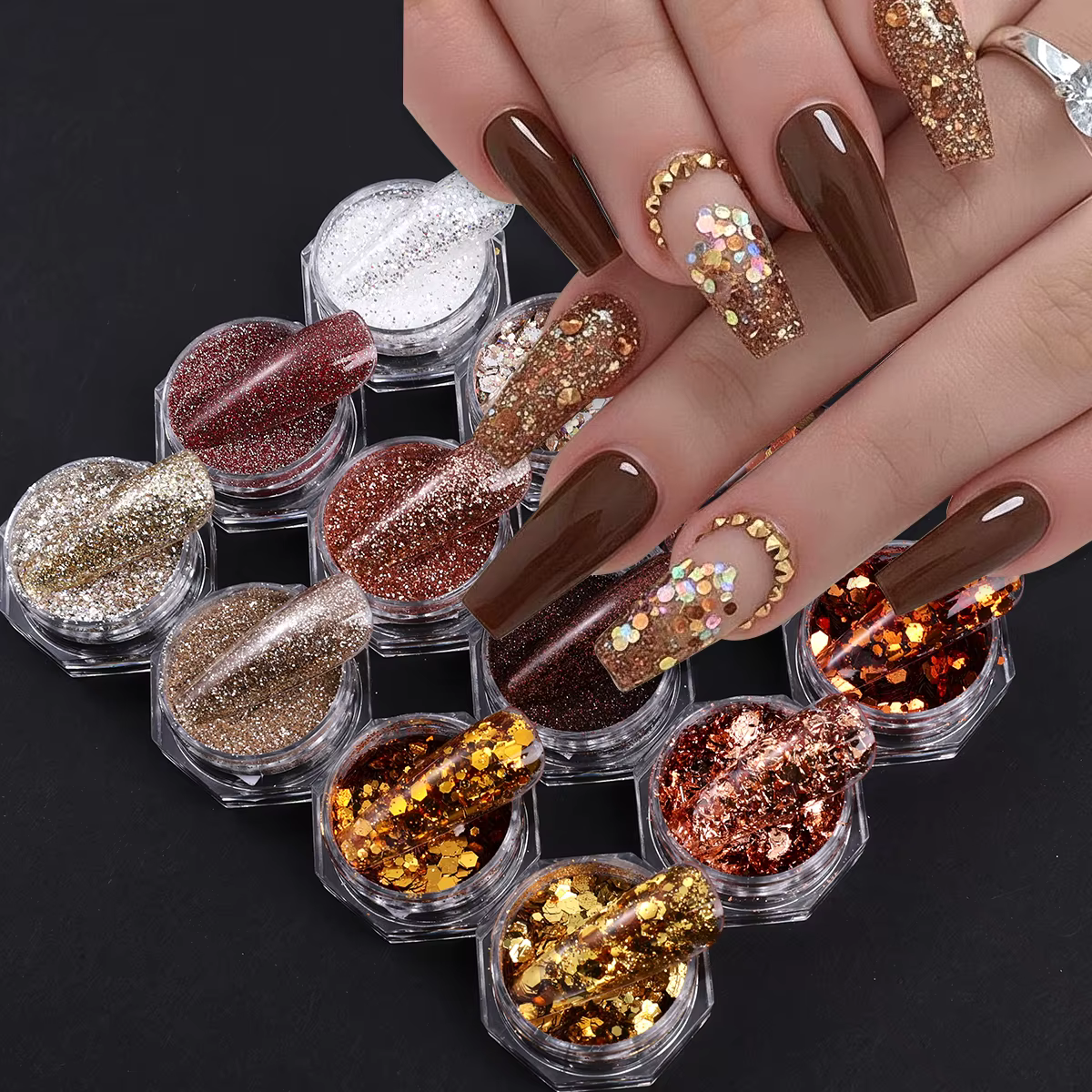 Magnifique ensemble de paillettes pour ongles marron