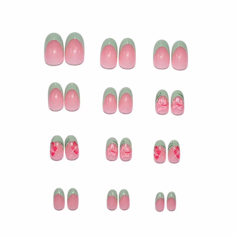 Ongles à presser verts menthe avec petites fleurs rouges, forme ovale nude, populaires en Europe et en Amérique, 24 pièces, capsules d'ongles finies